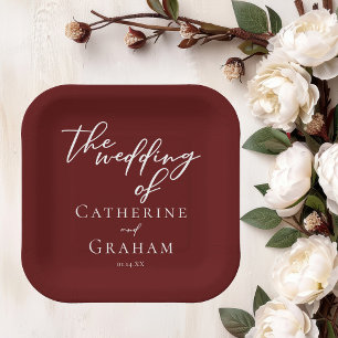 Elegant Burgundy Typography Evening Wedding Paper Plate