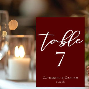 Elegant Burgundy Typography Evening Wedding Table Number
