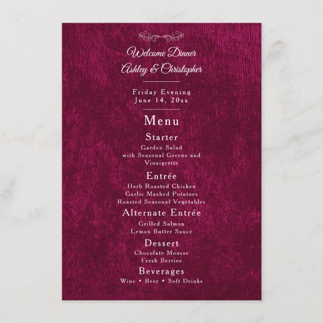 Elegant Burgundy Velvet White Welcome Dinner Menu (Front)