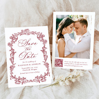 Elegant Burgundy Victorian Floral QR Code Wedding Save The Date