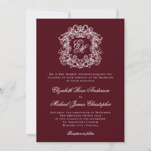 Elegant Burgundy Vintage Crest Monogram Wedding Invitation