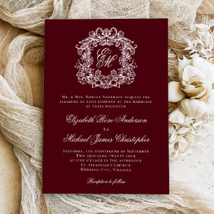 Elegant Burgundy Vintage Crest Monogram Wedding Invitation