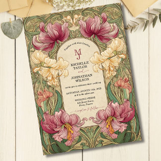 Elegant Burgundy Vintage Floral Art Nouveau Garden Invitation