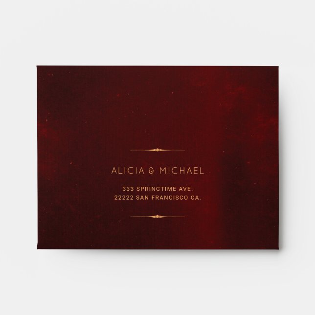 Elegant burgundy vintage gold script wedding rsvp envelope (Front)