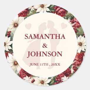 Elegant Burgundy Vintage Ivory Floral Wedding Classic Round Sticker