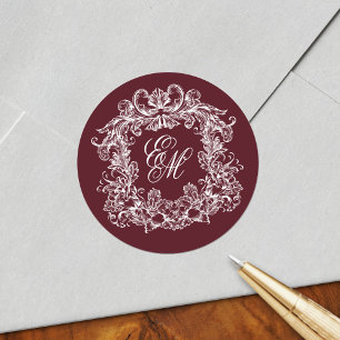 Elegant Burgundy Vintage Monogram Crest Wedding Classic Round Sticker