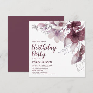 Elegant Burgundy Watercolor Floral Birthday Invitation