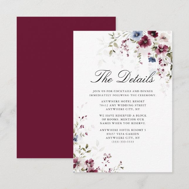 Elegant Burgundy Watercolor Floral Wedding Details Enclosure Card (Front/Back)