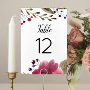 Elegant Burgundy Watercolor Flowers Wedding Table Number