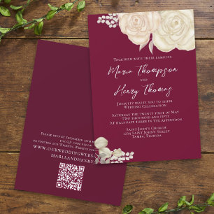 Elegant Burgundy Watercolor Ivory Floral QR Code Invitation