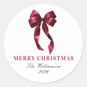 Elegant Burgundy Watercolor Red Bow Christmas Classic Round Sticker