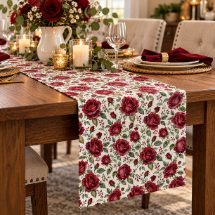 Elegant Burgundy Watercolor Rose Garden Medium Table Runner