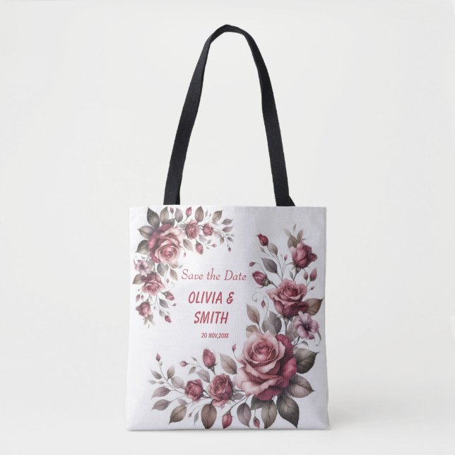 Elegant Burgundy Watercolor Roses Tote (Front)