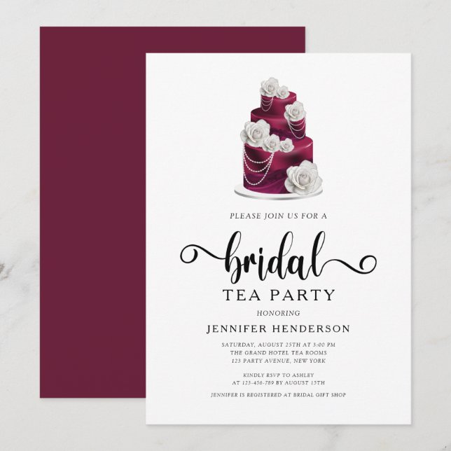 Elegant Burgundy Wedding Cake Bridal Tea Party Invitation (Front/Back)