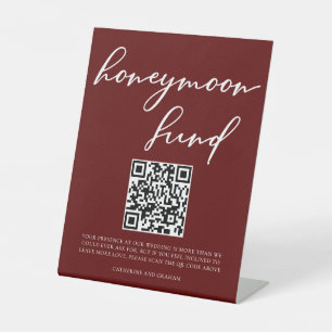 Elegant Burgundy Wedding Honeymoon Fund QR Code Pedestal Sign