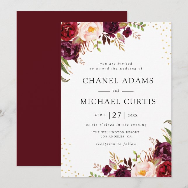 elegant burgundy wedding invitation (Front/Back)