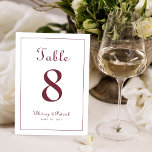 Elegant  Burgundy Wedding Reception Table Formal Table Number<br><div class="desc">Wedding Table Number event party sign design features a classic elegance with contemporary burgundy on a crisp white background. Personalize wedding table design with your name, wedding date and table number in trendy lettering and script. The back of the card is a duplicate of the front. Follow our easy to...</div>