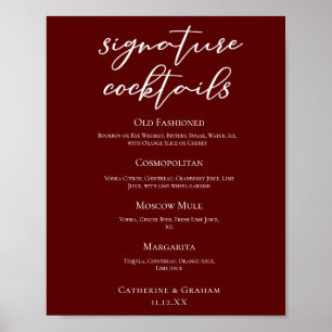 Elegant Burgundy Wedding Signature Cocktails Menu Poster