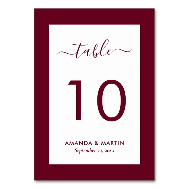 Elegant Burgundy Wedding Table Number (Front)
