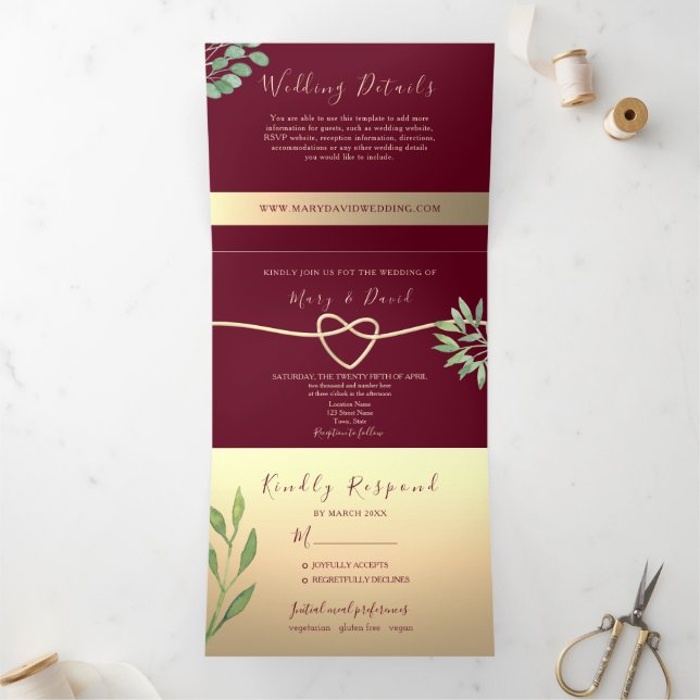 Elegant Burgundy Wedding Tri-Fold Invitation (Inside)