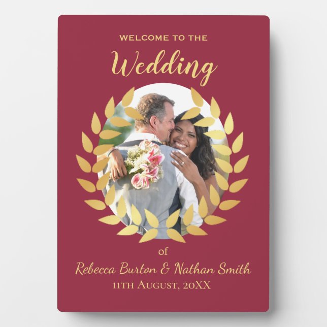 Elegant Burgundy Wedding Welcome Custom Photo Sign Plaque (Front)