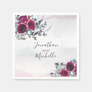Elegant Burgundy White and Blue Roses Wedding Napkin