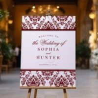 Elegant Burgundy White Damask Wedding Welcome Sign
