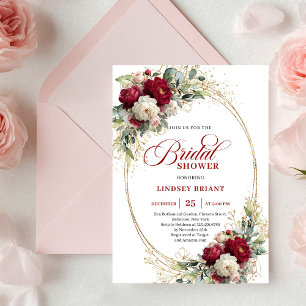 Elegant Burgundy White Floral Gold Bridal Shower Invitation
