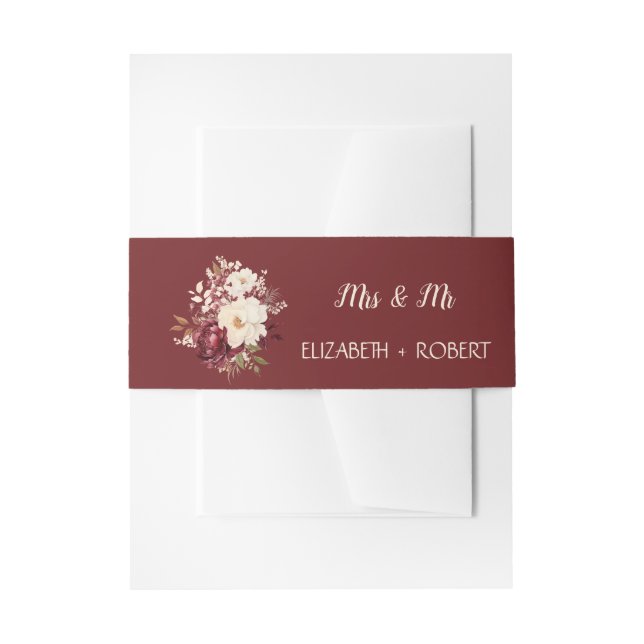 Elegant Burgundy White Flowers Invitation Belly Band (Front Example)