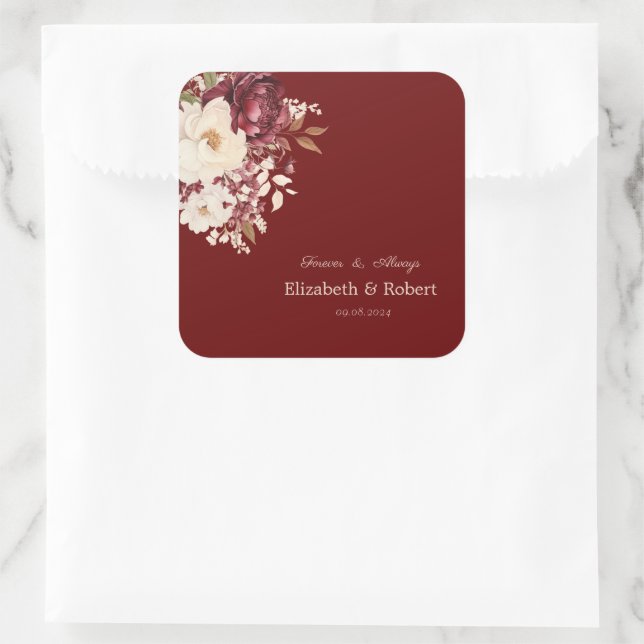 Elegant Burgundy White Flowers Square Sticker (Bag)