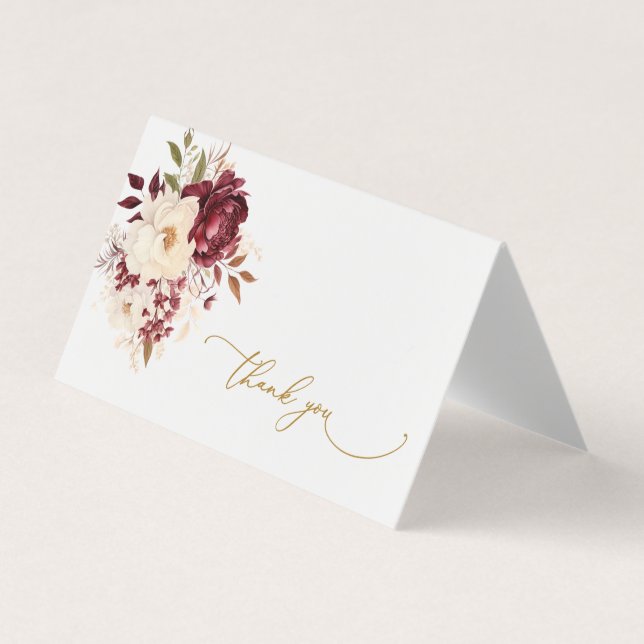 Elegant Burgundy White Flowers Thank You Card (Front)