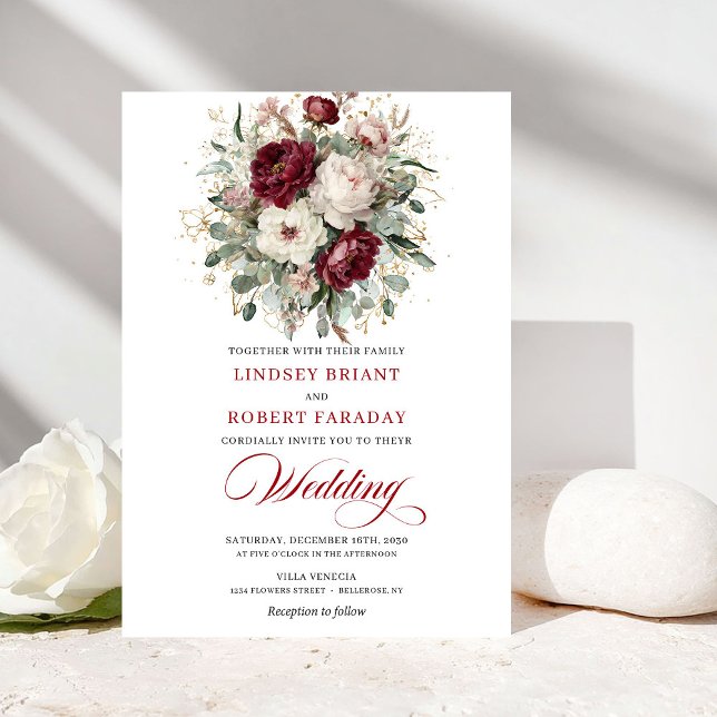Elegant Burgundy White Gold Botanical Gold Wedding Invitation (Elegant Burgundy White Gold Botanical Wedding Invitation)