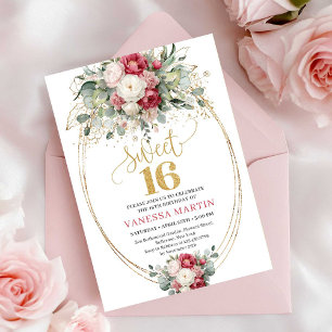 Elegant Burgundy White Gold Floral Sweet 16 Invite