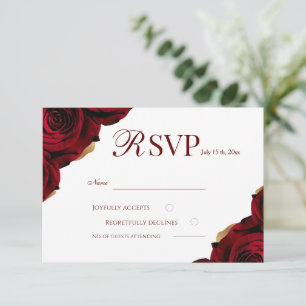 Elegant Burgundy White Gold Roses Wedding RSVP Card