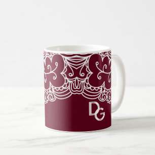 Elegant Burgundy White Lace Monogrammed Coffee Mug