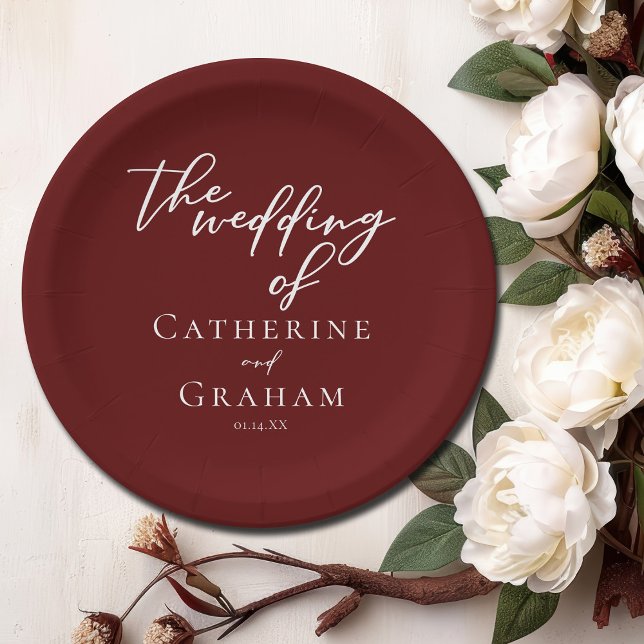 Elegant Burgundy White Script Personalized Wedding Paper Plate (Creator Uploaded)