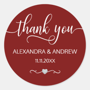 Elegant BURGUNDY White Script Wedding Thank You Classic Round Sticker