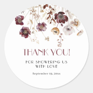 Elegant Burgundy Wildflowers Baby Shower Thank You Classic Round Sticker