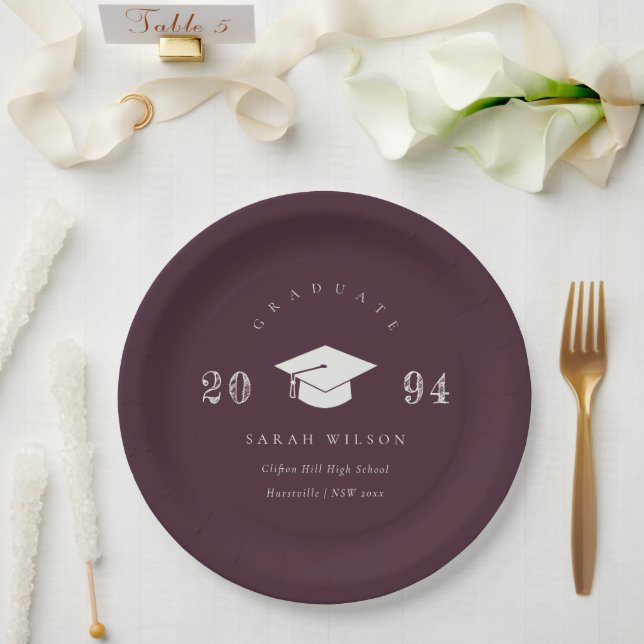 Elegant Burgundy Wine Minimal Simple Graduation Paper Plate (Wedding)