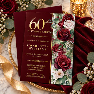 Elegant Burgundy Wine Rose Floral 60th Birthday