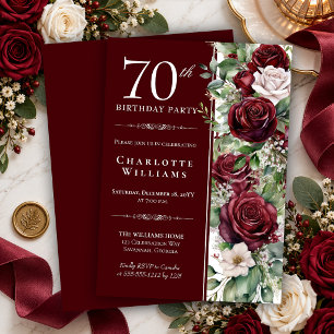Elegant Burgundy Wine Rose Floral 70th Birthday Invitation