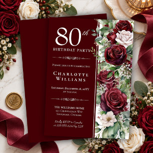 Elegant Burgundy Wine Rose Floral 80th Birthday Invitation