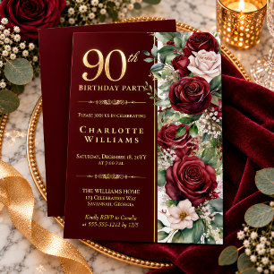 Elegant Burgundy Wine Rose Floral 90th Birthday
