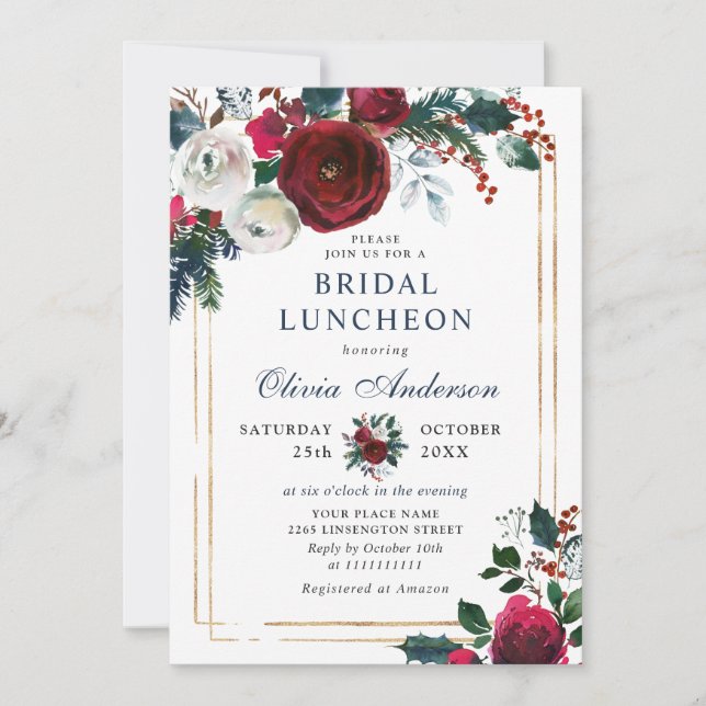 Elegant Burgundy Winter Roses BRIDAL  LUNCHEON Invitation (Front)