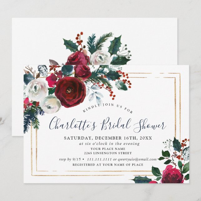 Elegant Burgundy Winter Roses Floral BRIDAL SHOWER Invitation (Front/Back)
