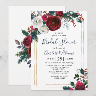 Elegant Burgundy Winter Roses Floral Bridal Shower Invitation