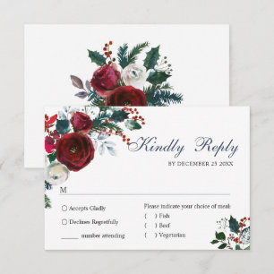 Elegant Burgundy Winter Roses Greenery Wedding RSVP Card