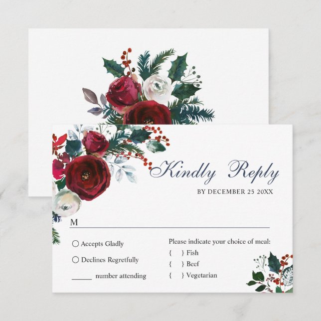 Elegant Burgundy Winter Roses Greenery Wedding RSVP Card (Front/Back)