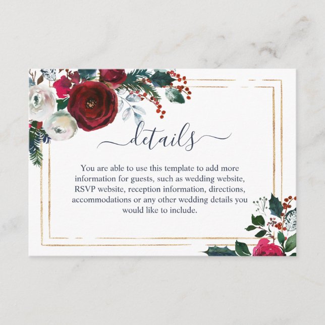 Elegant Burgundy Winter Roses Wedding Details Enclosure Card