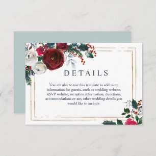 Elegant Burgundy Winter Roses Wedding Details Enclosure Card